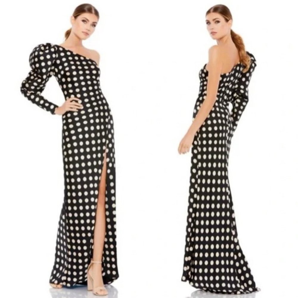 Mac Duggal Black and White Polka Dot One-Shoulder Maxi Dress